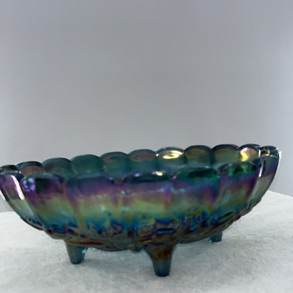 Vintage Harvest Carnival Blue Glass Centerpiece 4 Footed by Colony/Indiana Glass